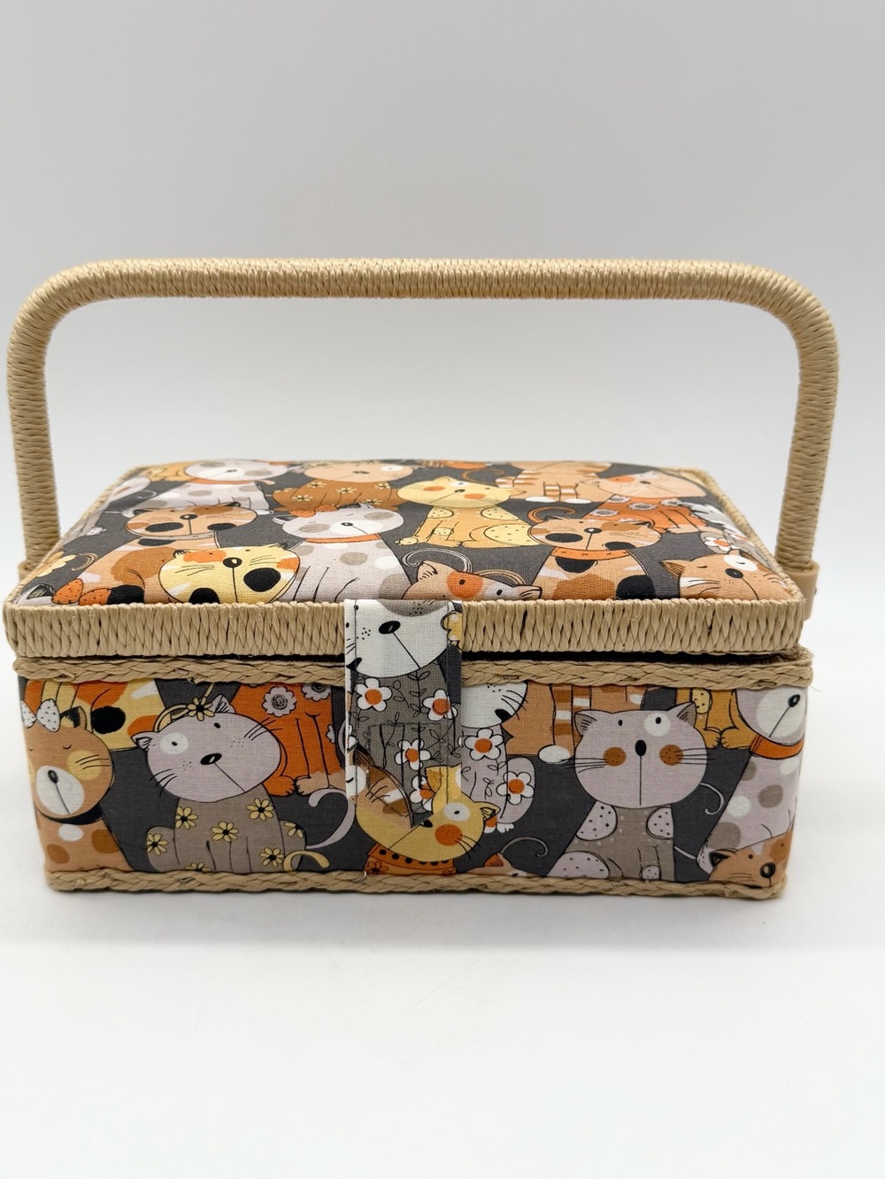 Vintage 90s Cat Kittens Wood Woven Sewing Box Basket Cats Cat Pattern New